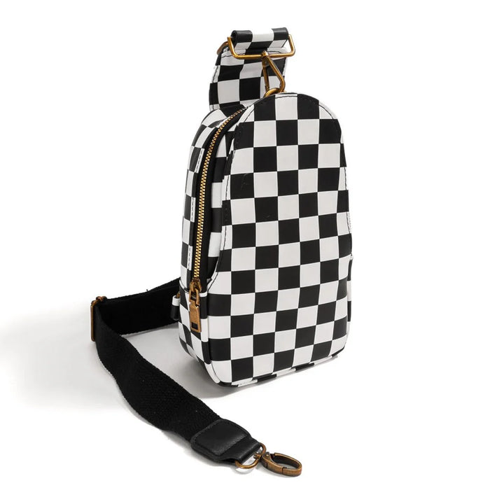 Black and White Checkered Vegan Leather Sling Bag With Side Adjustable Strap