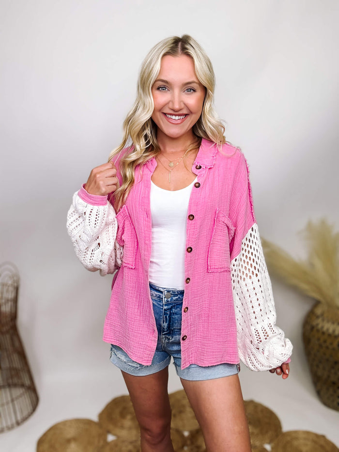 POL Clothing Pink  Cream Crochet Long Sleeves  Button Up Top Two Chest Pockets Soft Cotton Gauze Material Lightweight Layering Jacket Oversized Fit 100% Cotton