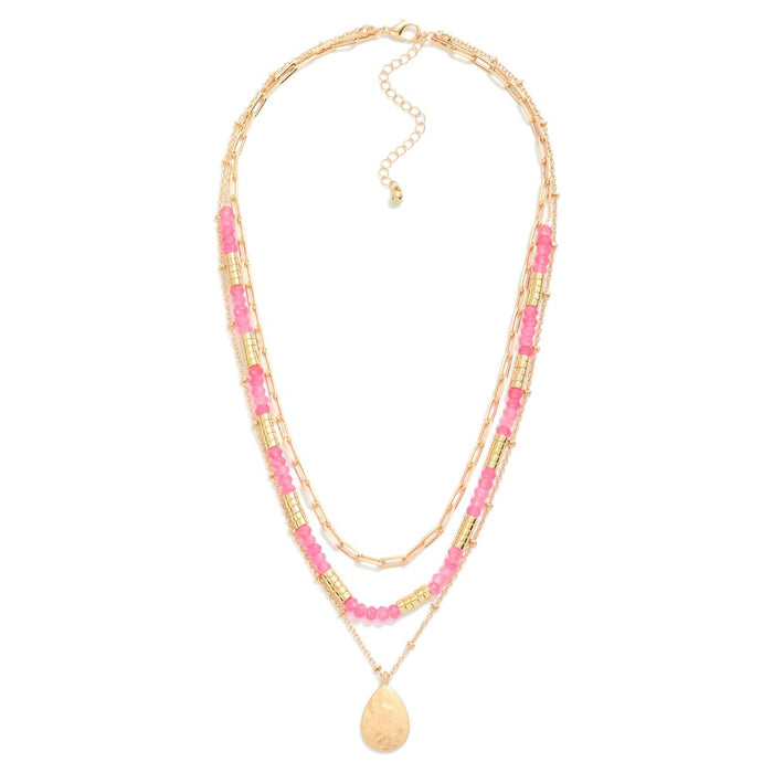 Pink Triple Layered Chain Link Necklace with Pendant