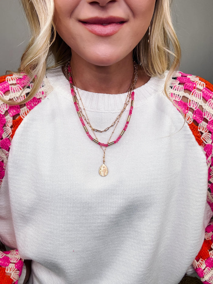 Pink Triple Layered Chain Link Necklace with Pendant