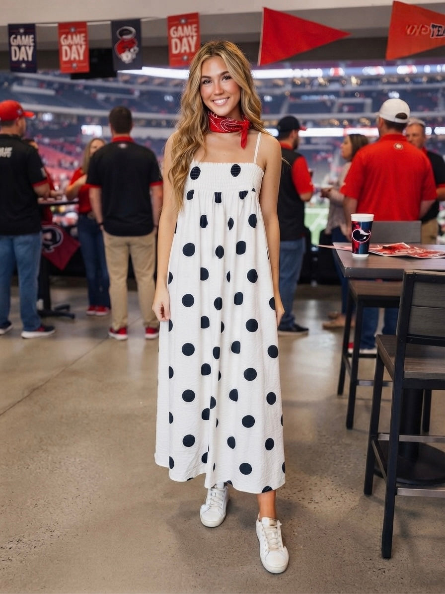 game day maxi dress Polka Dot Smocked for Women Basic style Posy Eclipse Asymmetric Drape Color:Lase Dress White #2 Thin straps