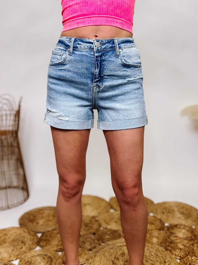 Risen Denim Stretchy Shorts with Rolled Hem