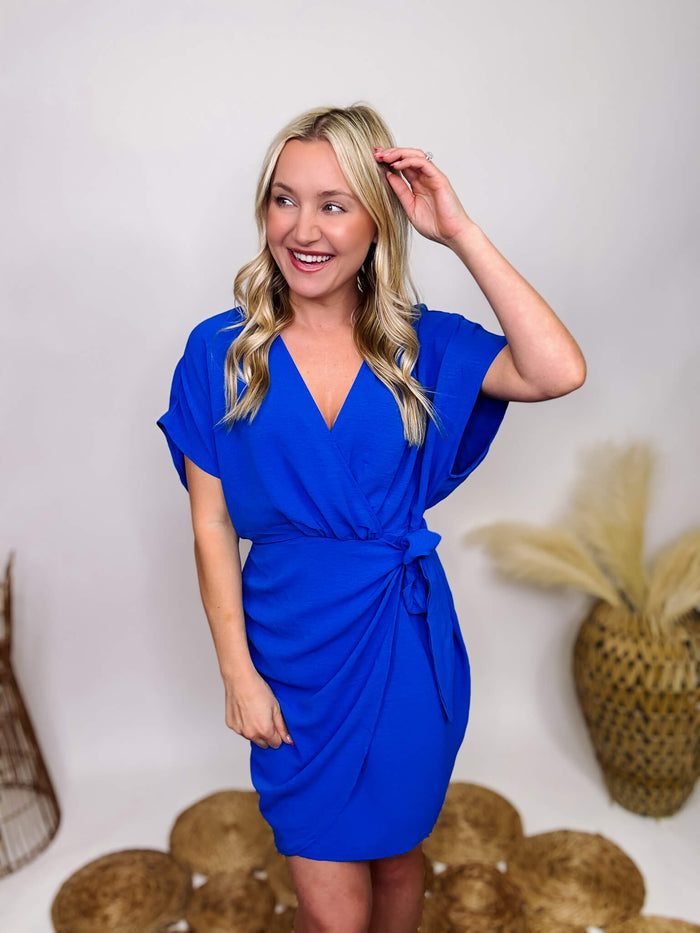 She and Sky Blue V-Neck Wrap Dress with Bow
