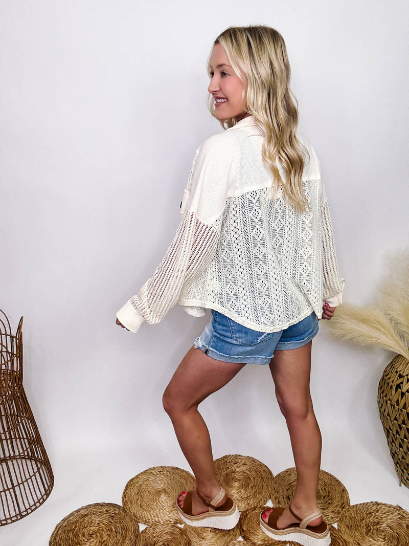 Very J Cream Crochet Lace Long Sleeve Button Up Top