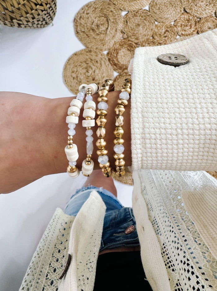 White and Gold Set of Four Dainty Beaded Stretch Bracelets