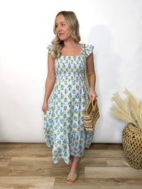 Azure Garden Boho Floral Smocked Midi Dress