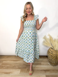 Azure Garden Boho Floral Smocked Midi Dress