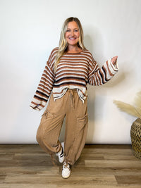 Brown Mocha Striped Crochet Sweater