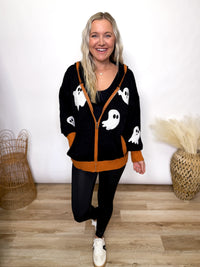 Halloween ghost zip up hoodie jacket - orange trim black jacket 
