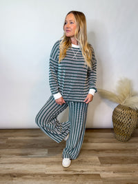 Hunter Green Striped Ribbed Long Sleeve Top and Wide Leg Matching Set