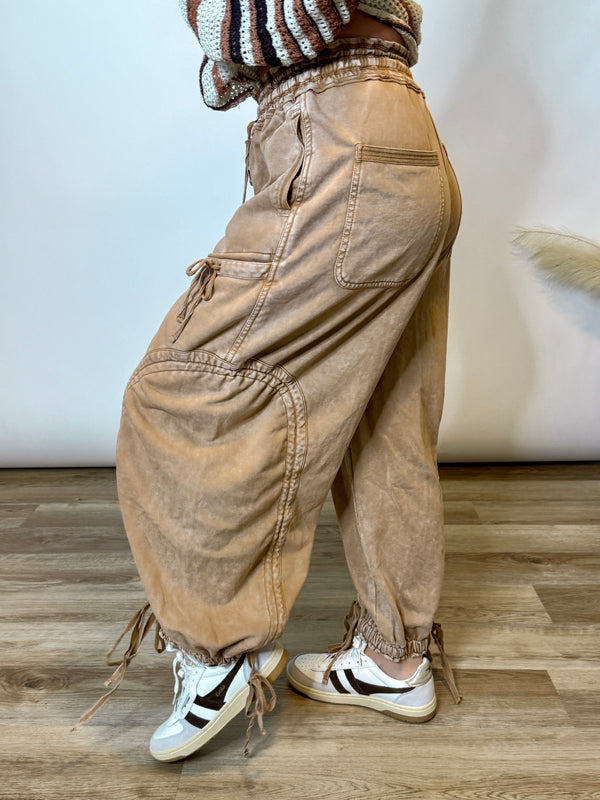 Camel Mineral Washed Boho Cargo Balloon Pants