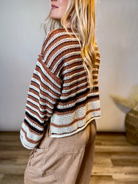 Brown Mocha Striped Crochet Sweater