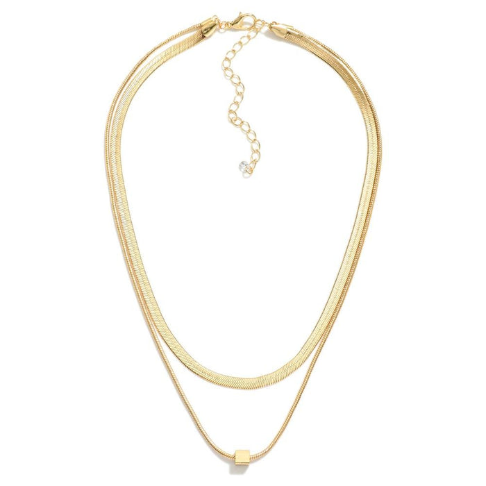 Layered Herringbone & Snake Chain Link Necklace With Metal Square Bead Detail
