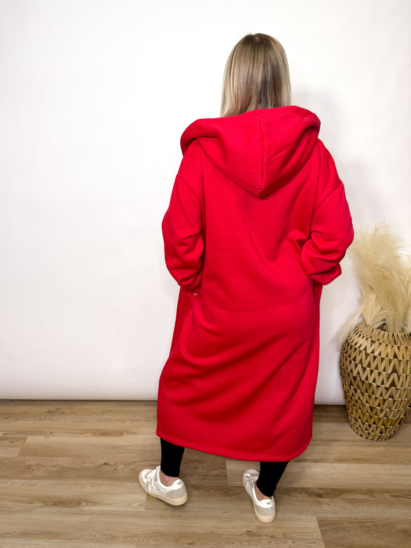 Red Fleece Lined Oversized Hoodie Cardigan