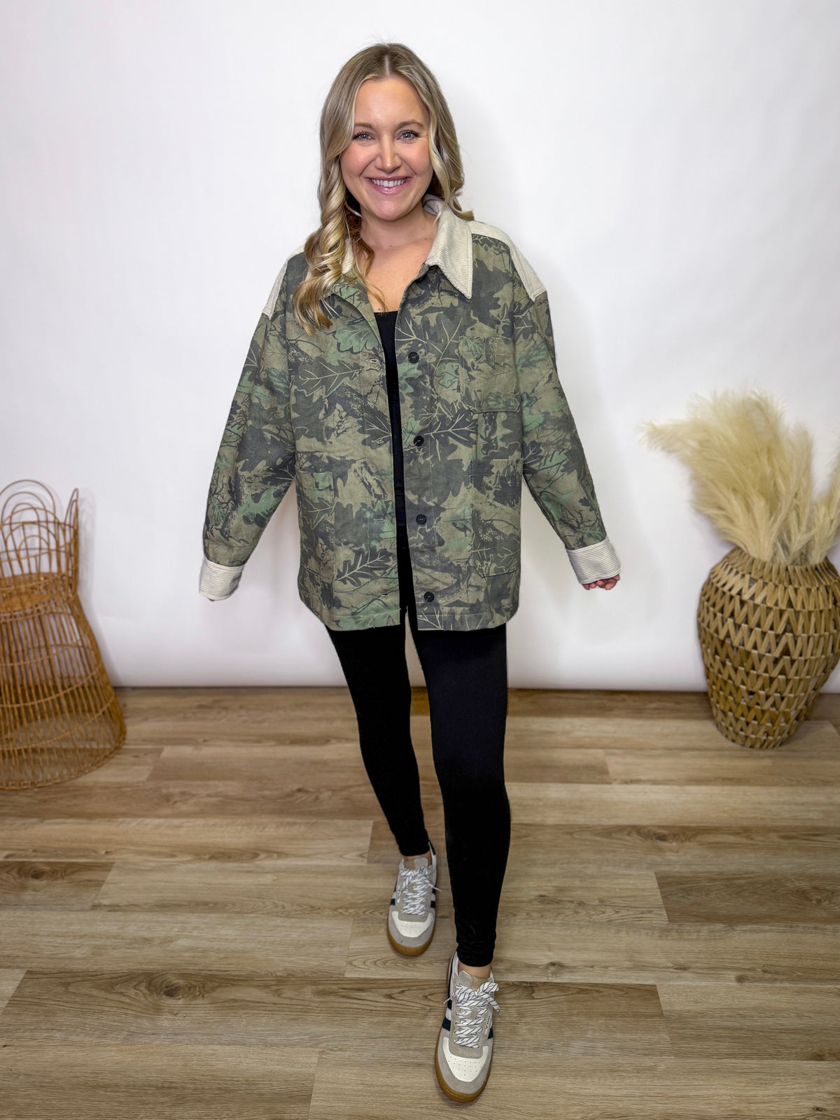 Camo Corduroy Accent Oversized Button-Up Jacket