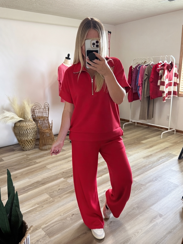 Game Day Red Scuba Half Zip Top & Wide Leg Pants Set