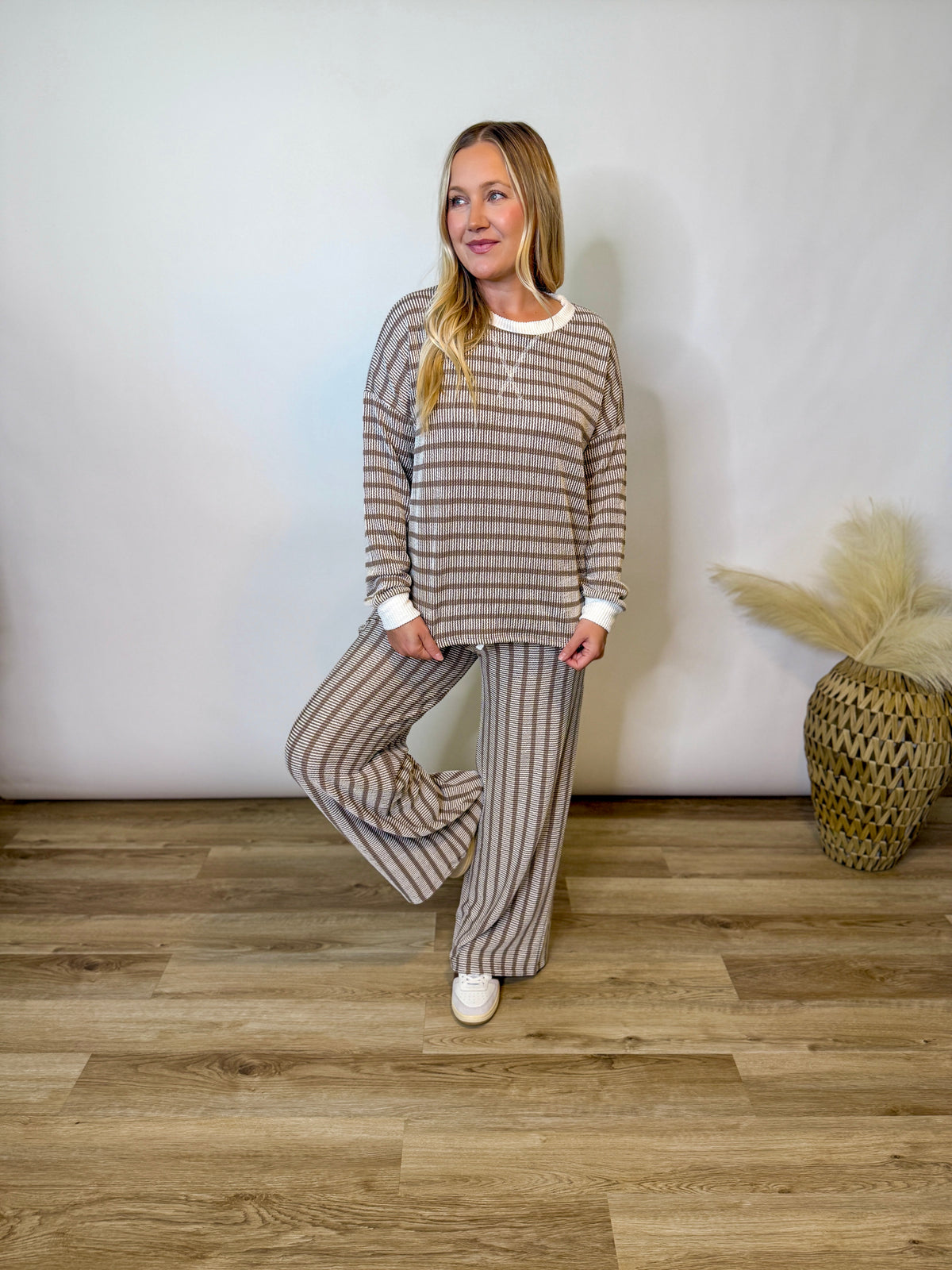 Mocha Striped Ribbed Long Sleeve Top and Wide Leg Matching Set