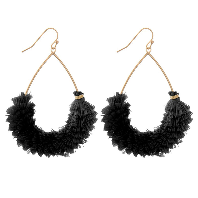Black Fringe Tassel Teardrop Earrings Approximately 2.5” Long