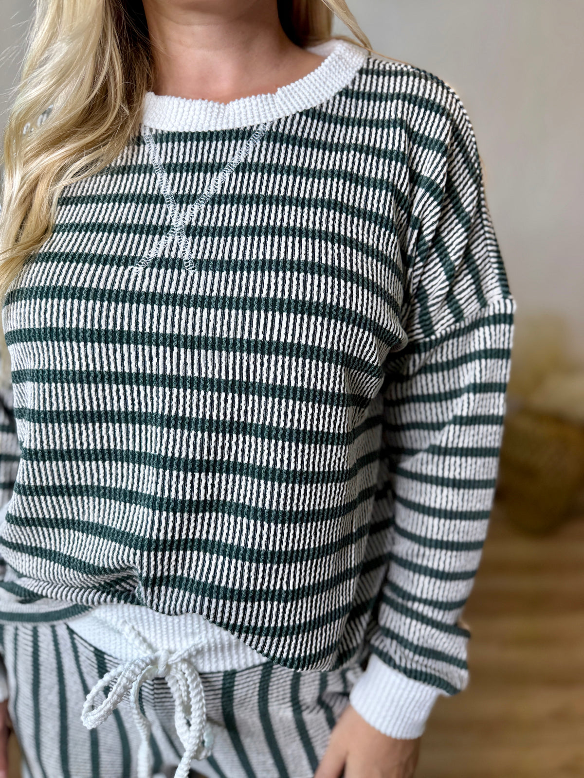 Hunter Green Striped Ribbed Long Sleeve Top and Wide Leg Matching Set