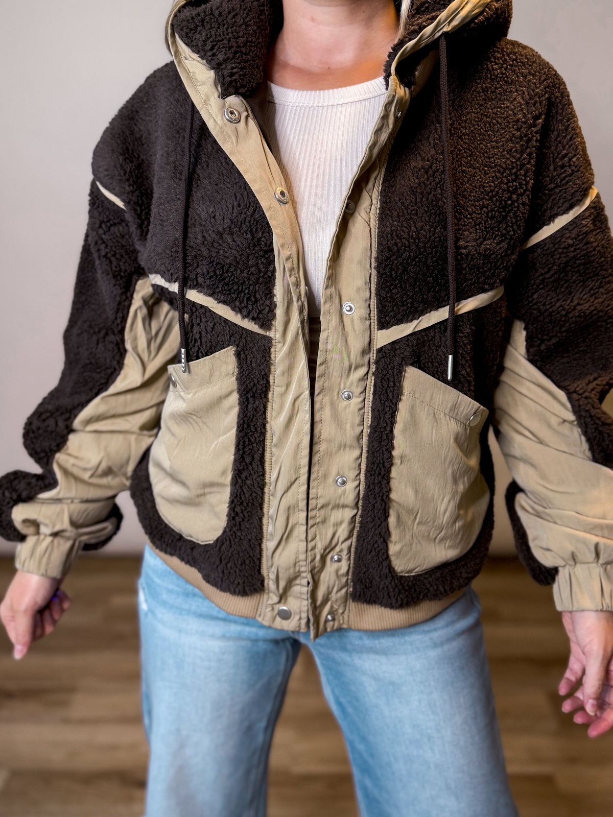 The Cabin Escape Dark Brown Colorblock Sherpa Hoodie Jacket