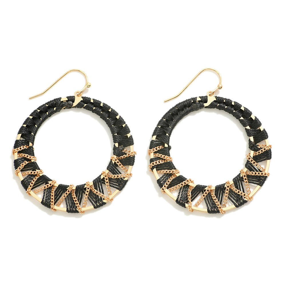Black and Gold Circular Chain and Twine Wrapped Drop Earring Approximately 1.75" in Length