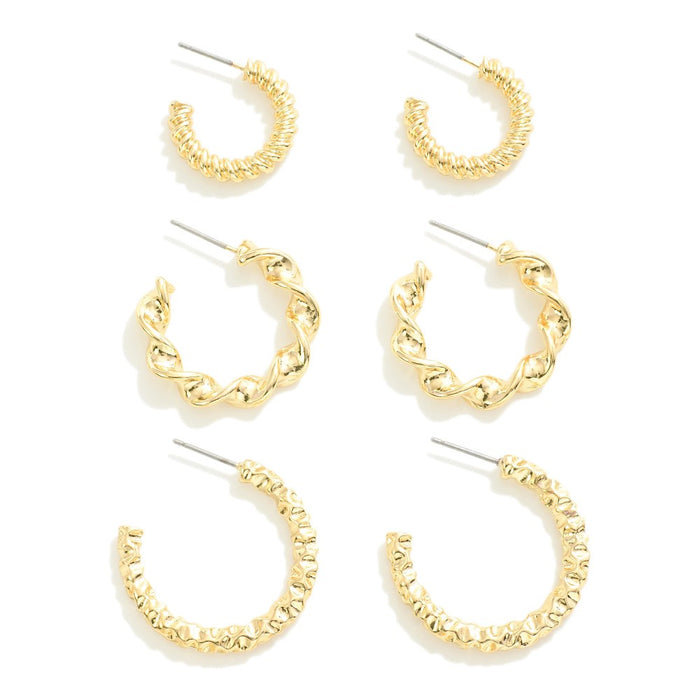 Set of Three Twisted Gold Metal Drop Hoop Earrings Color: Gold Approximately 0.5"-1" in length