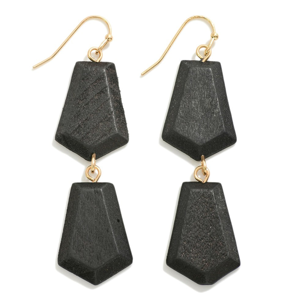 Linked Black Wooden Geometric Drop Earrings Approximately 2.75" L