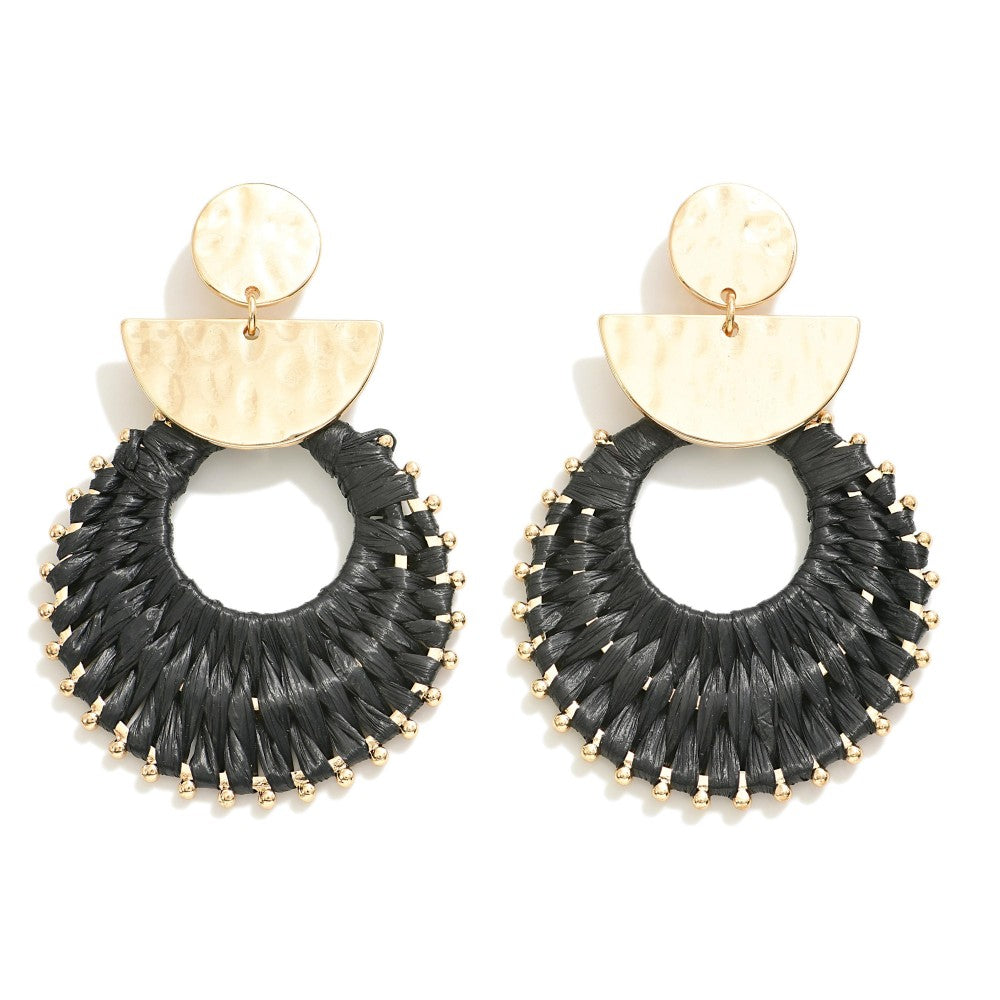 Black Raffia Wrapped Drop Earring With Geometric Post Color: Black and Gold Approximately 2.5" in Length
