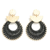 Black Raffia Wrapped Drop Earring With Geometric Post Color: Black and Gold Approximately 2.5" in Length