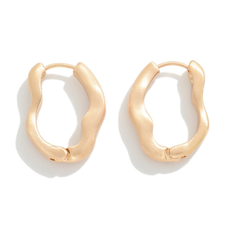 Wavy Matte Gold Metal Hinged Hoop Earrings Approximately 1" in Length