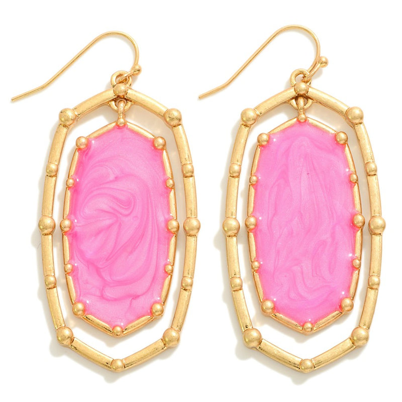 Gold Metal Studded Pink Oval Drop Earrings Approximately 2.25" in LengthGold Metal Studded Pink Oval Drop Earrings Approximately 2.25" in Length