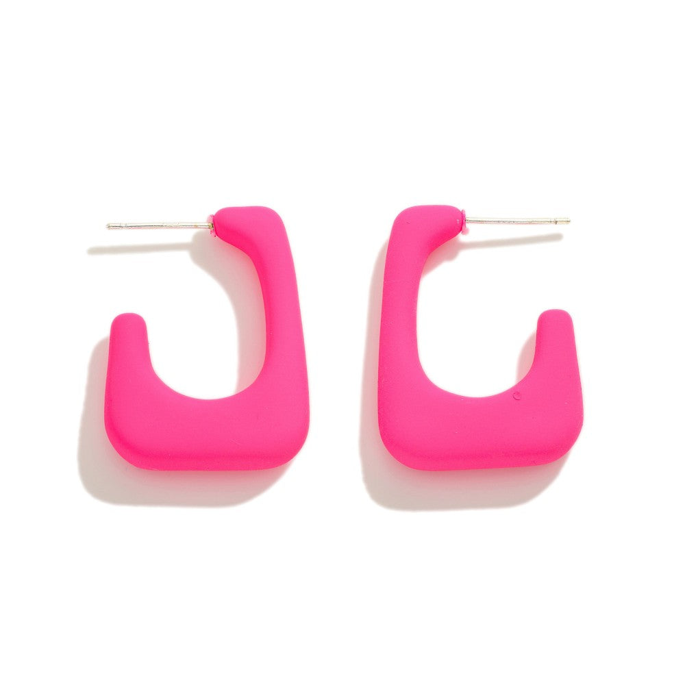 Hot Pink Retro Rectangle Hoop Earrings  Approximately 1.25" in Length