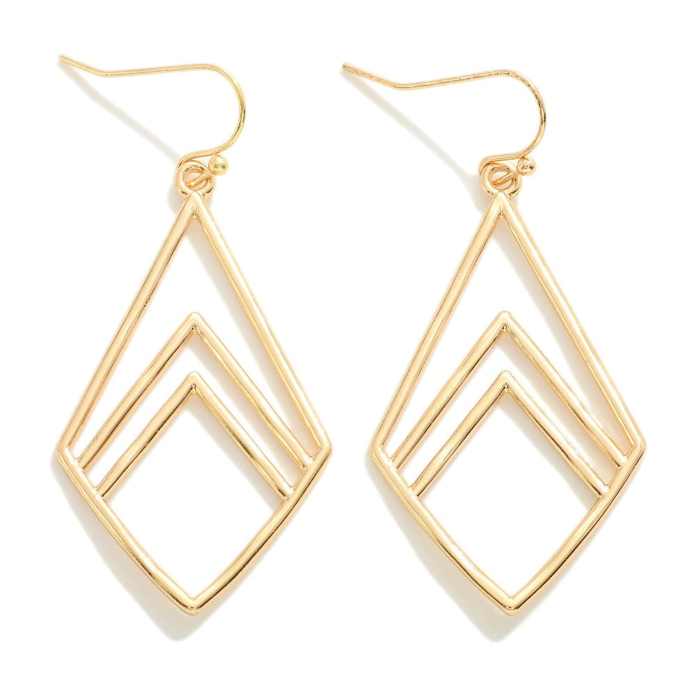 Gold Metal Squared Teardrop Earrings Approximately 2" in Length