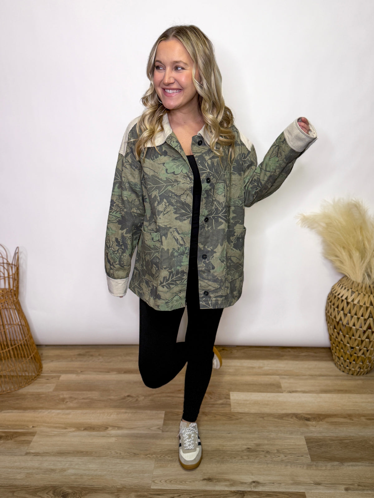 Camo Corduroy Accent Oversized Button-Up Jacket
