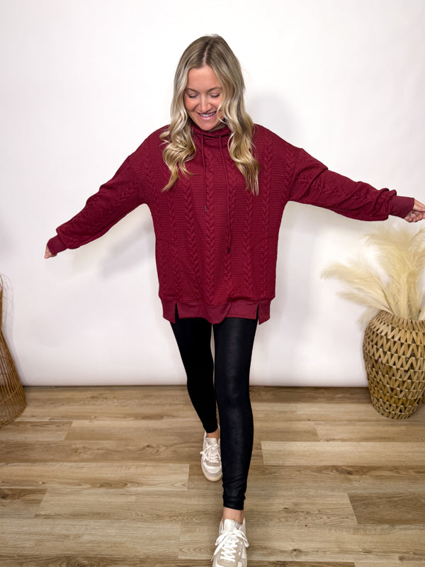 Burgundy Oversized Cable Knit Hoodie