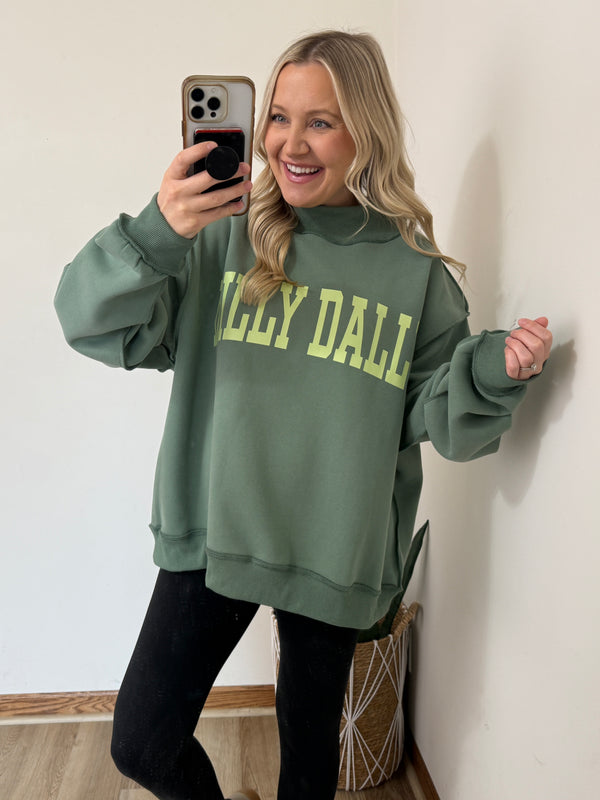 Green dilly dally mock neck reversible spring pullover sweatshirt bucketlist
