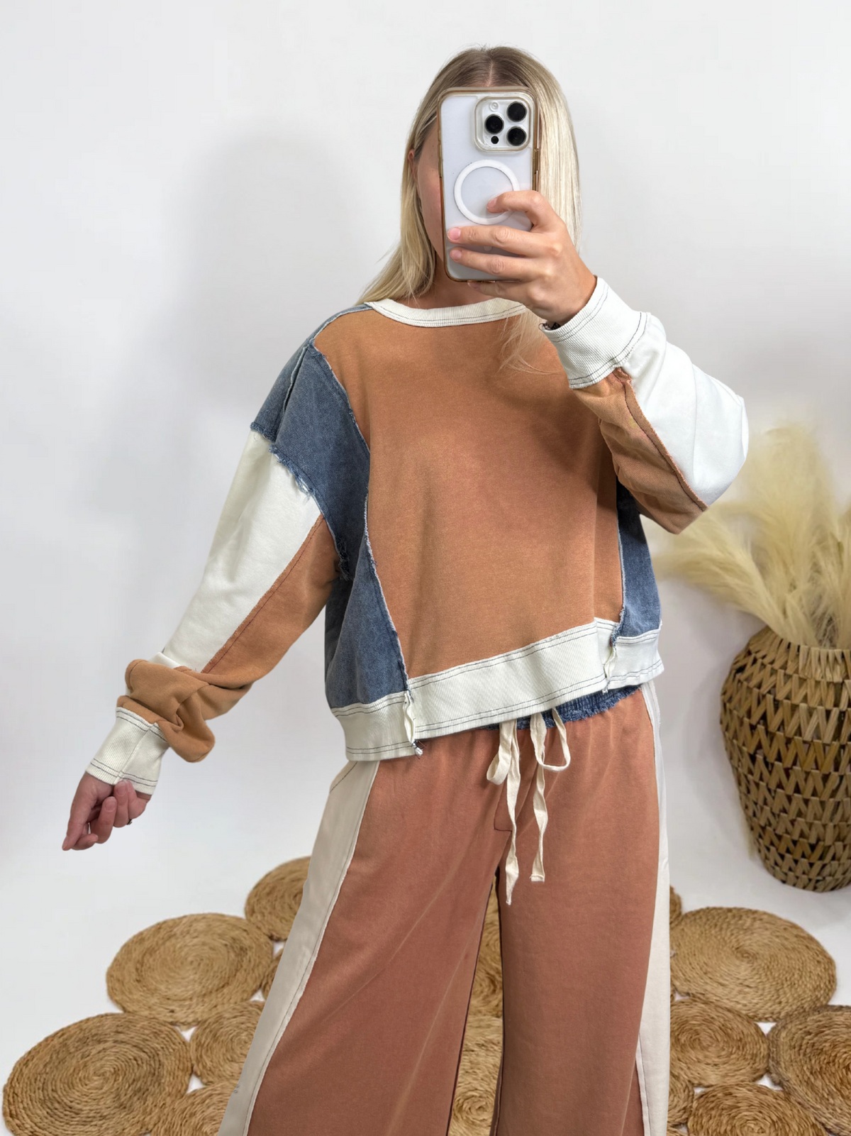 Rust, Cream & Denim Color Block Crew Neck Pullover