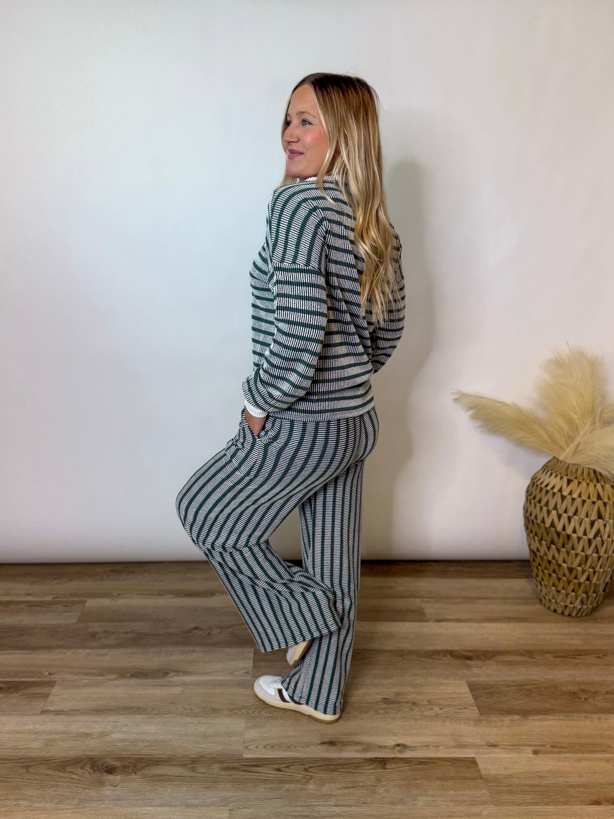 Hunter Green Striped Ribbed Long Sleeve Top and Wide Leg Matching Set