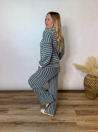 Hunter Green Striped Ribbed Long Sleeve Top and Wide Leg Matching Set