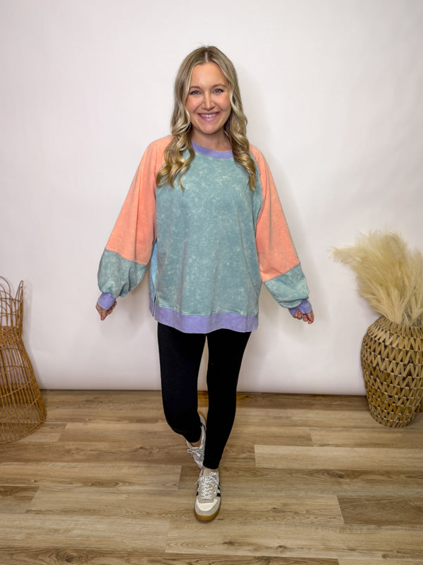 Cloud Pop Mineral Washed Colorblock Oversized Pullover