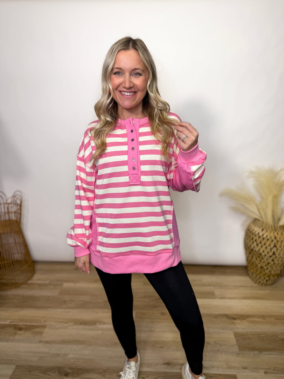 Pink Striped Half Button Down Oversized Pullover