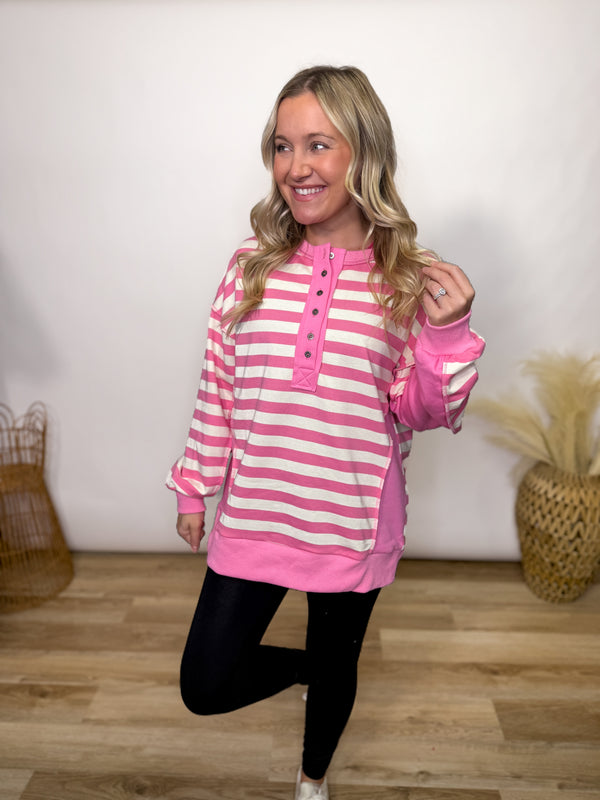 Pink Striped Half Button Down Oversized Pullover
