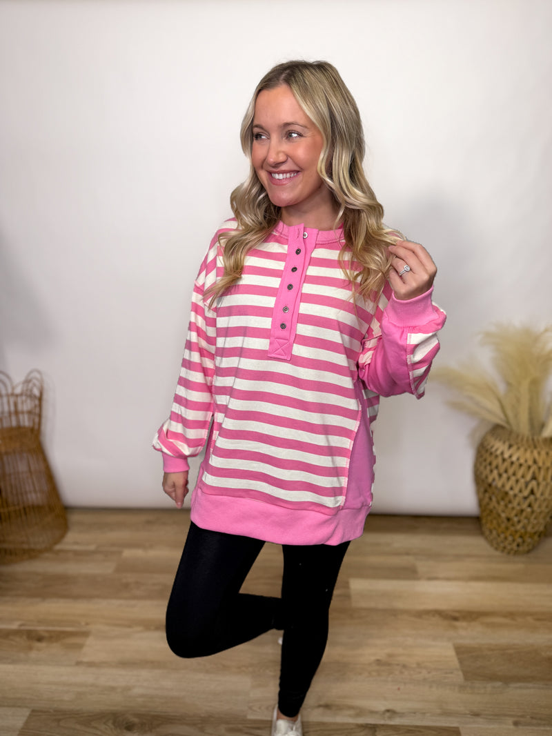 Pink Striped Half Button Down Oversized Pullover