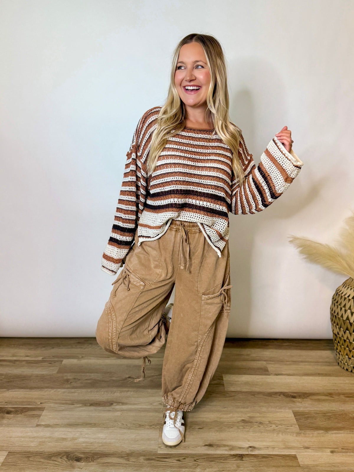 Brown Mocha Striped Crochet Sweater