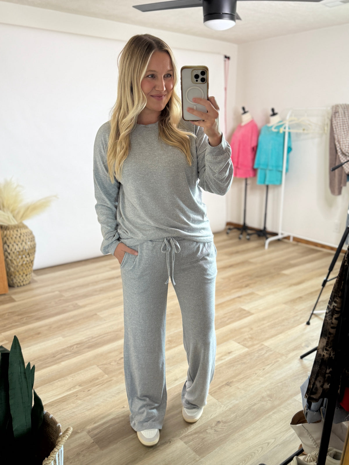 Heather Grey Soft Hacci Wide Leg Lounge Set