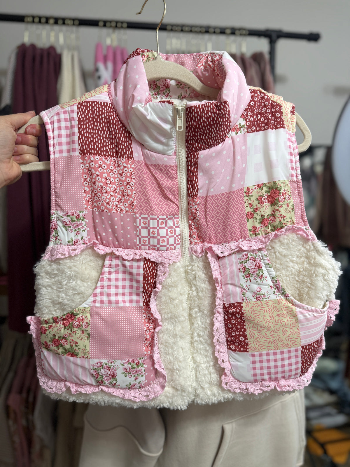 White Patchwork Sherpa Vest