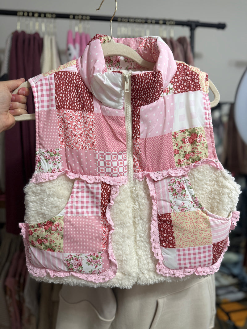 White Patchwork Sherpa Vest