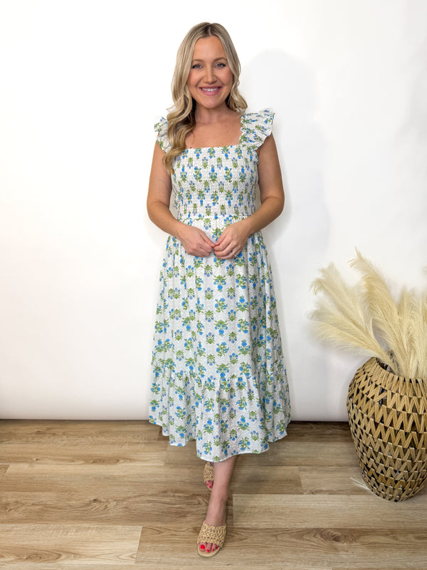 Azure Garden Boho Floral Smocked Midi Dress