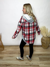 Red Plaid Flannel Hoodie Button Up Shacket