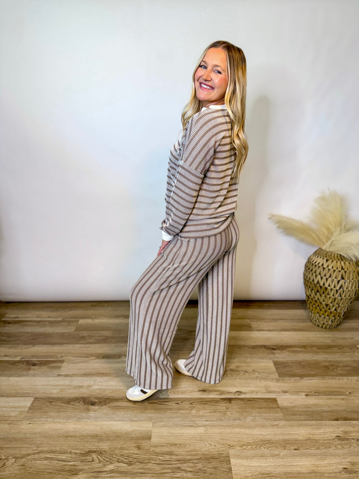 Mocha Striped Ribbed Long Sleeve Top and Wide Leg Matching Set